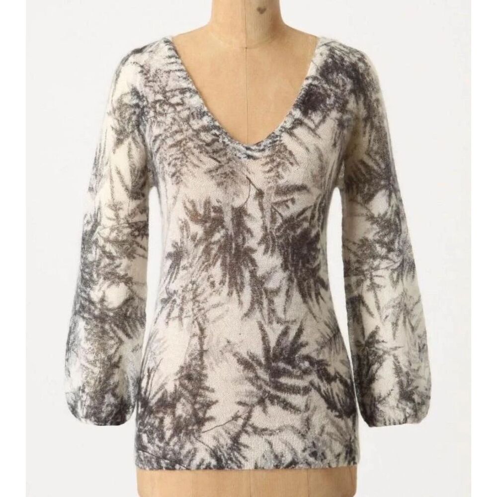 Anthropologie Guinevere Wool Mohair Sweater Women's M Cream Gray Fern Leaf Print